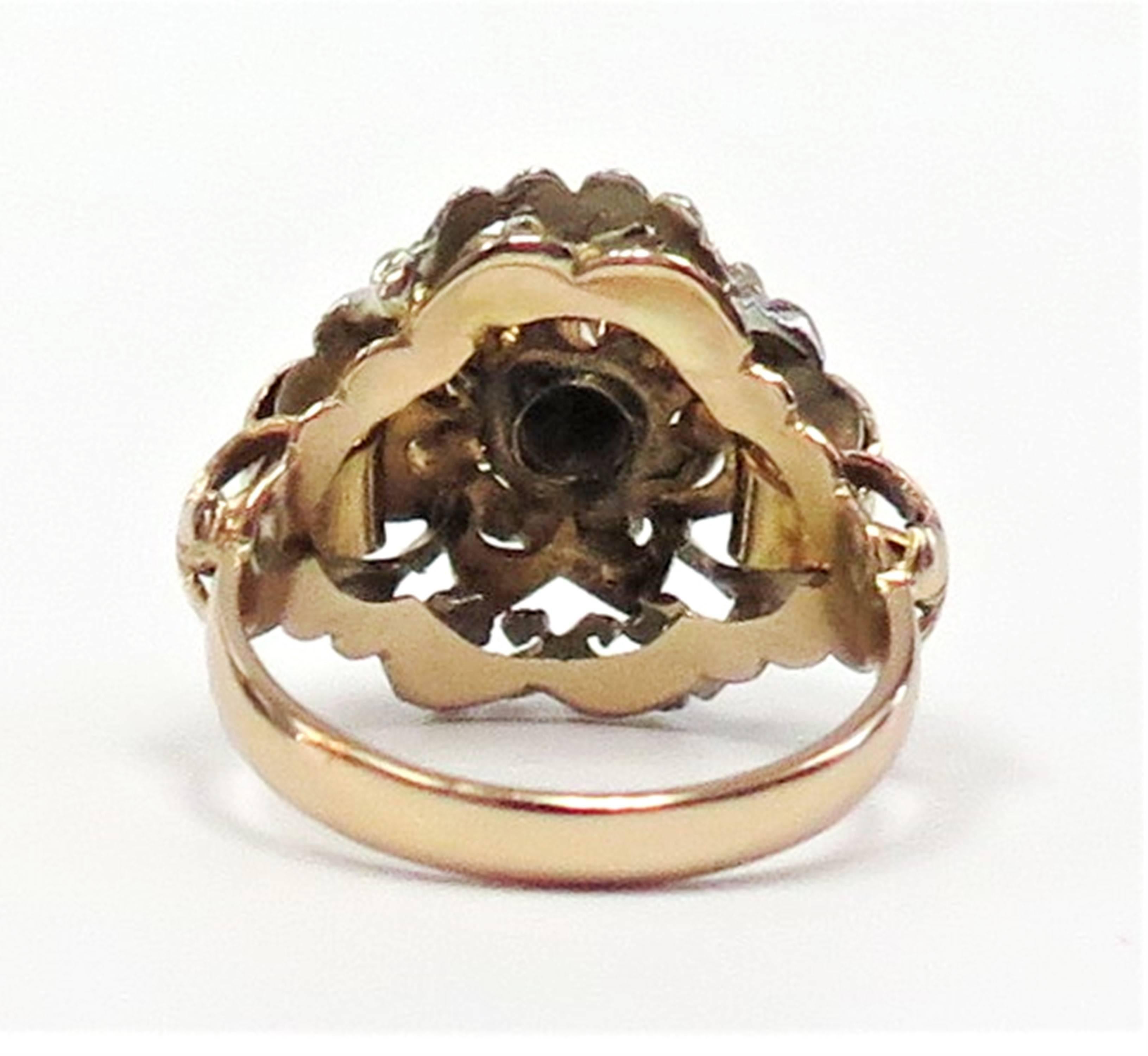 Etruscan Revival 1920s White and Rose Gold Ring with Centre Rose Cut Diamond / 18 karat
