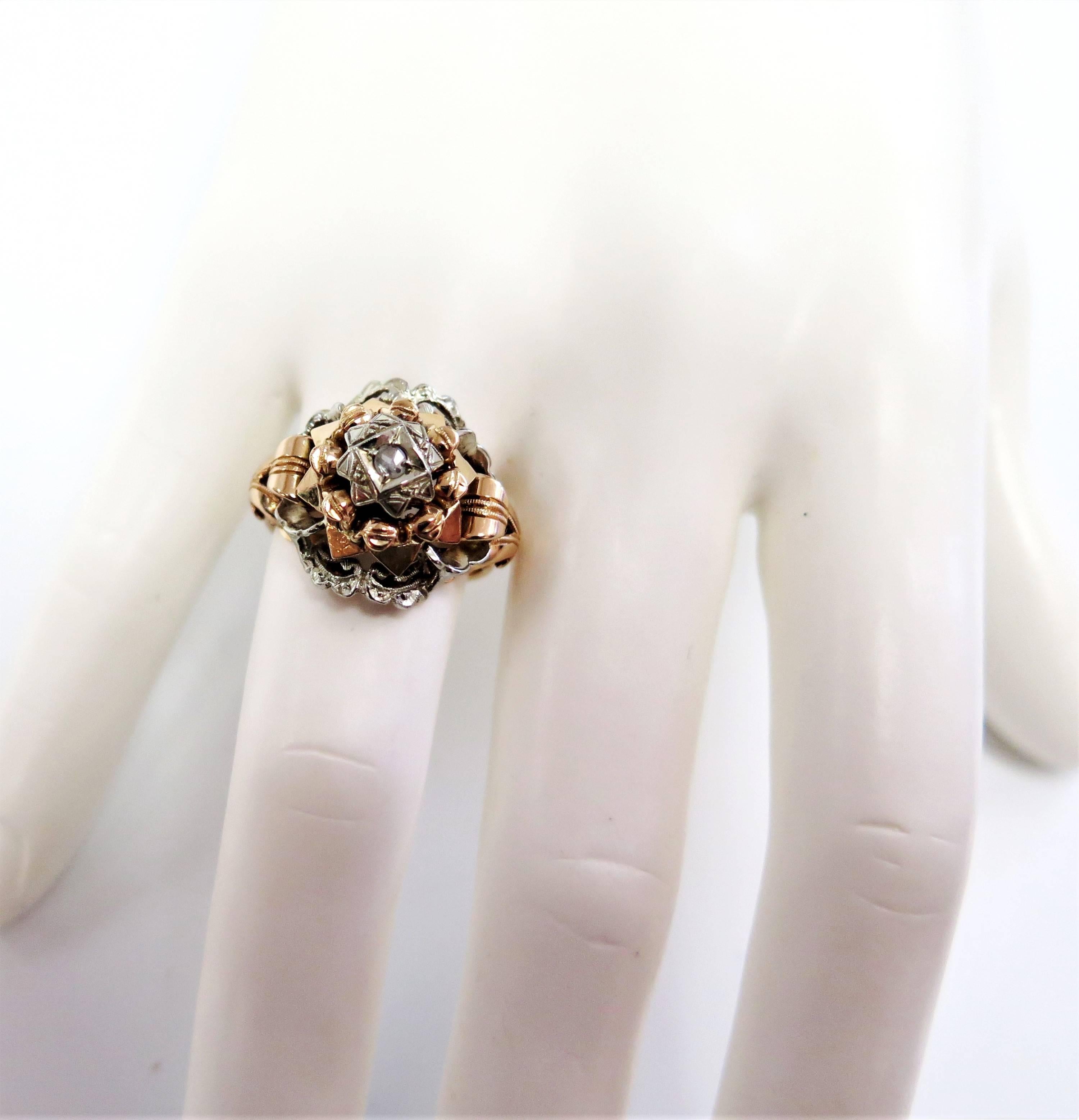 1920s White and Rose Gold Ring with Centre Rose Cut Diamond / 18 karat 1