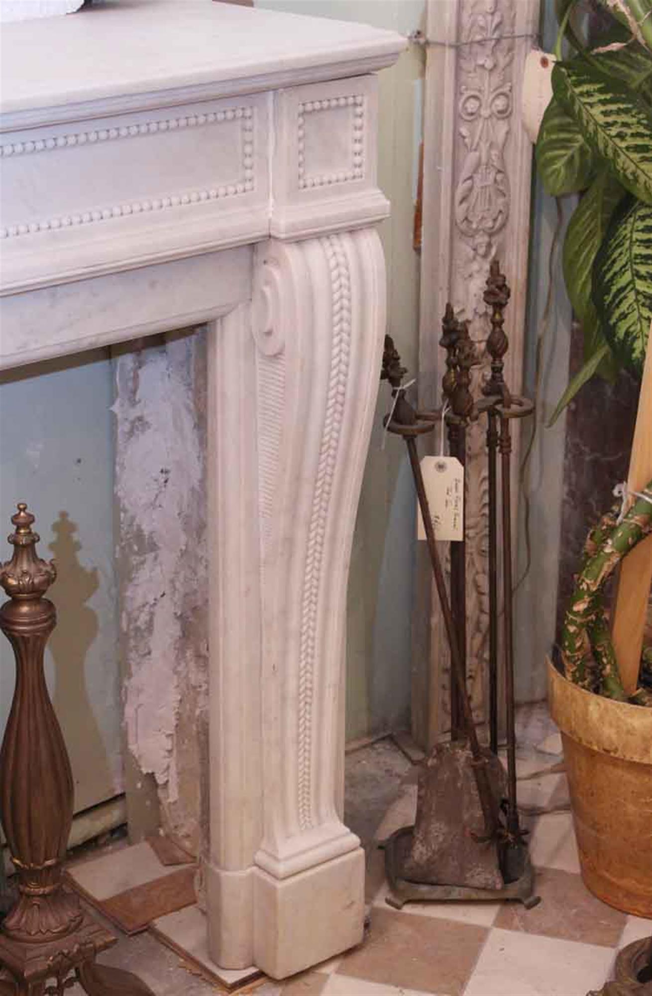 American 1920s White Beaded Marble Mantel with Finely Carved Details