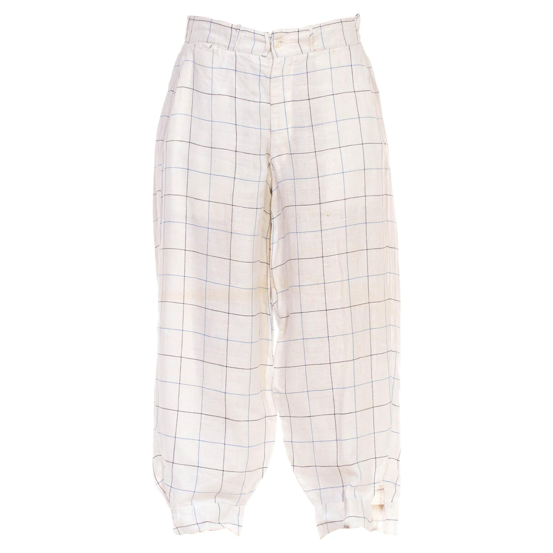 1920S White & Blue Linen Checkered Plus-Four Knickers Pants