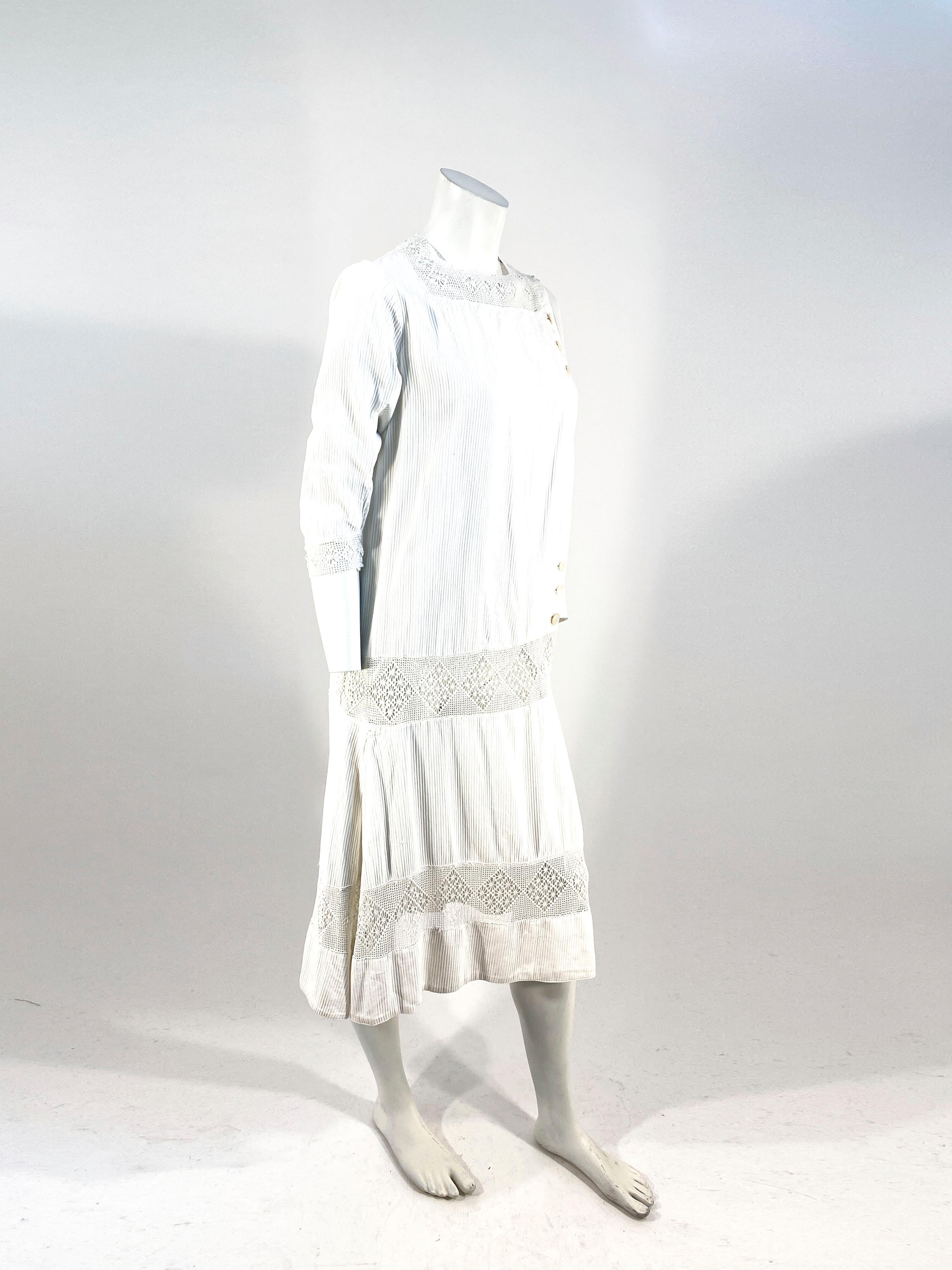 Gray 1920s White Cotton and Crochet Day Dress For Sale