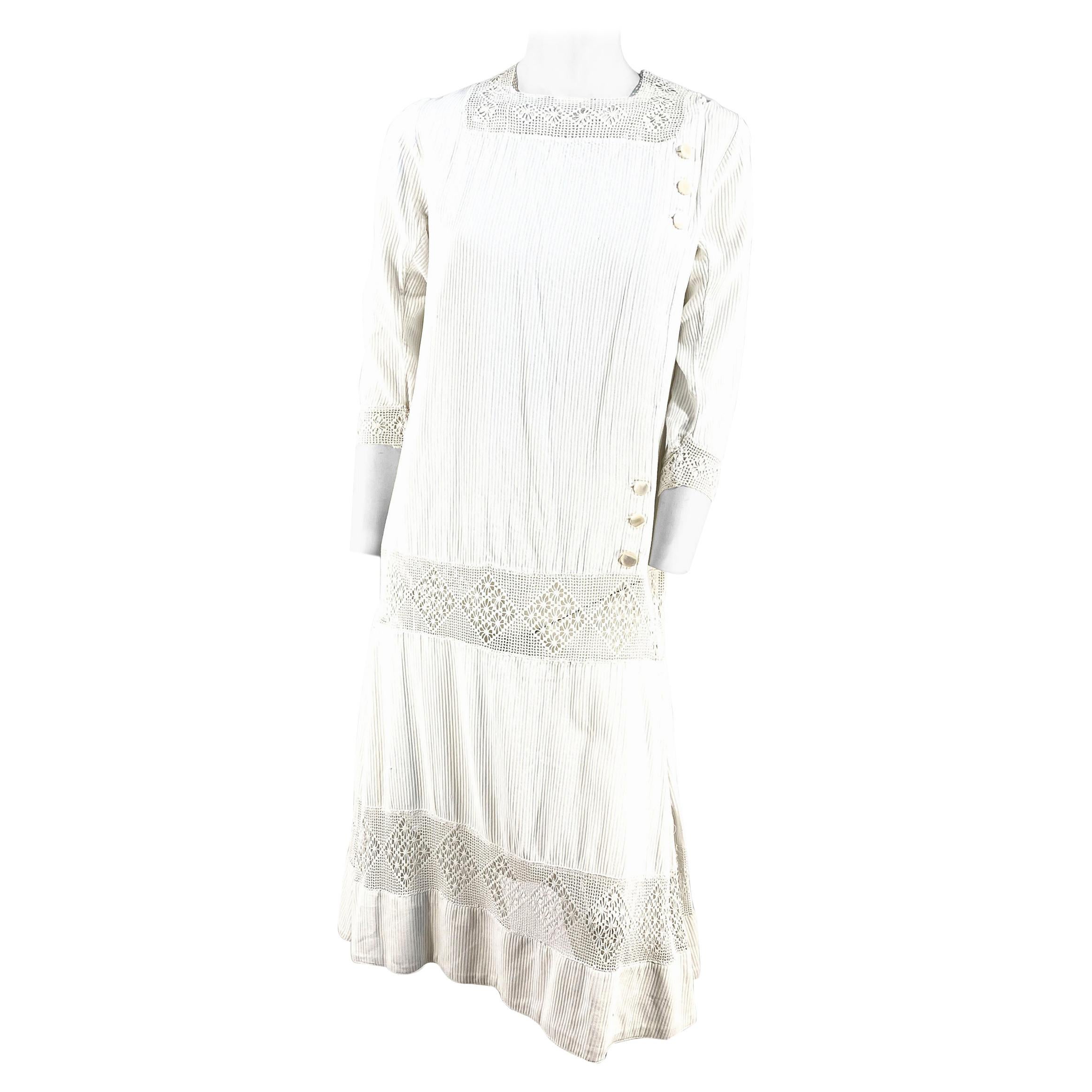 1920s White Cotton and Crochet Day Dress For Sale