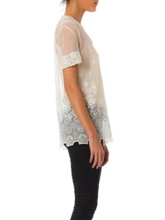 1920S White Cotton Embroidered Tulle Oversized Sheer Top With Van Dyck Hem
