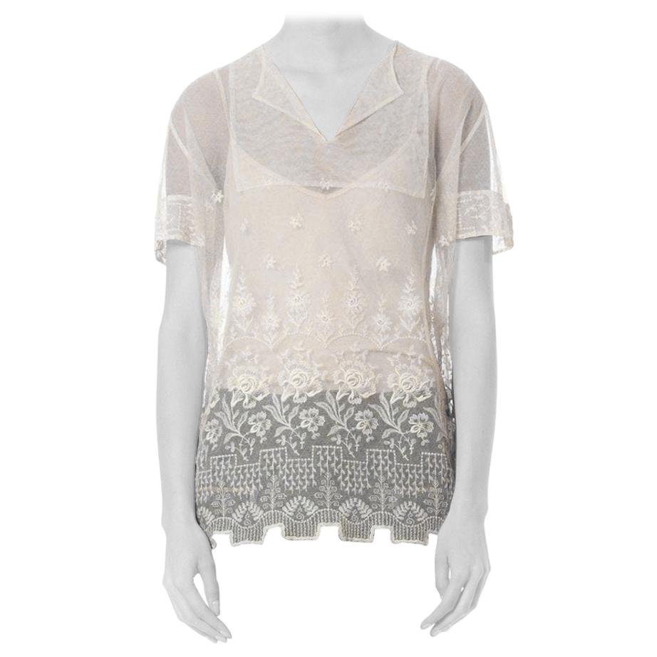 1920S White Cotton Embroidered Tulle Oversized Sheer Top With Van Dyck Hem For Sale