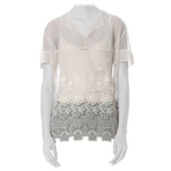 1920S White Cotton Embroidered Tulle Oversized Sheer Top With Van Dyck Hem