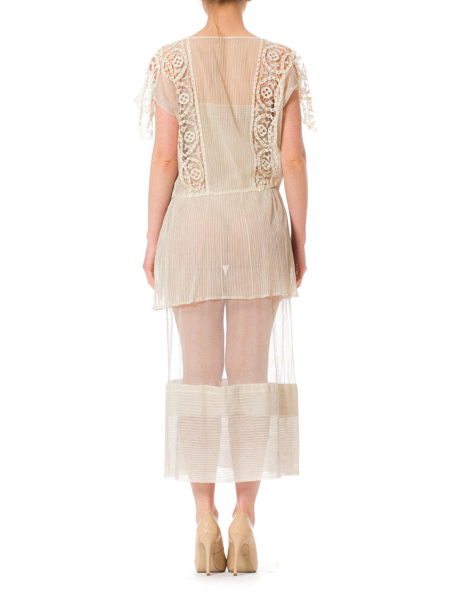 White 1920S Cream Cotton Net & Modernist Geometric Lace Dress For Sale
