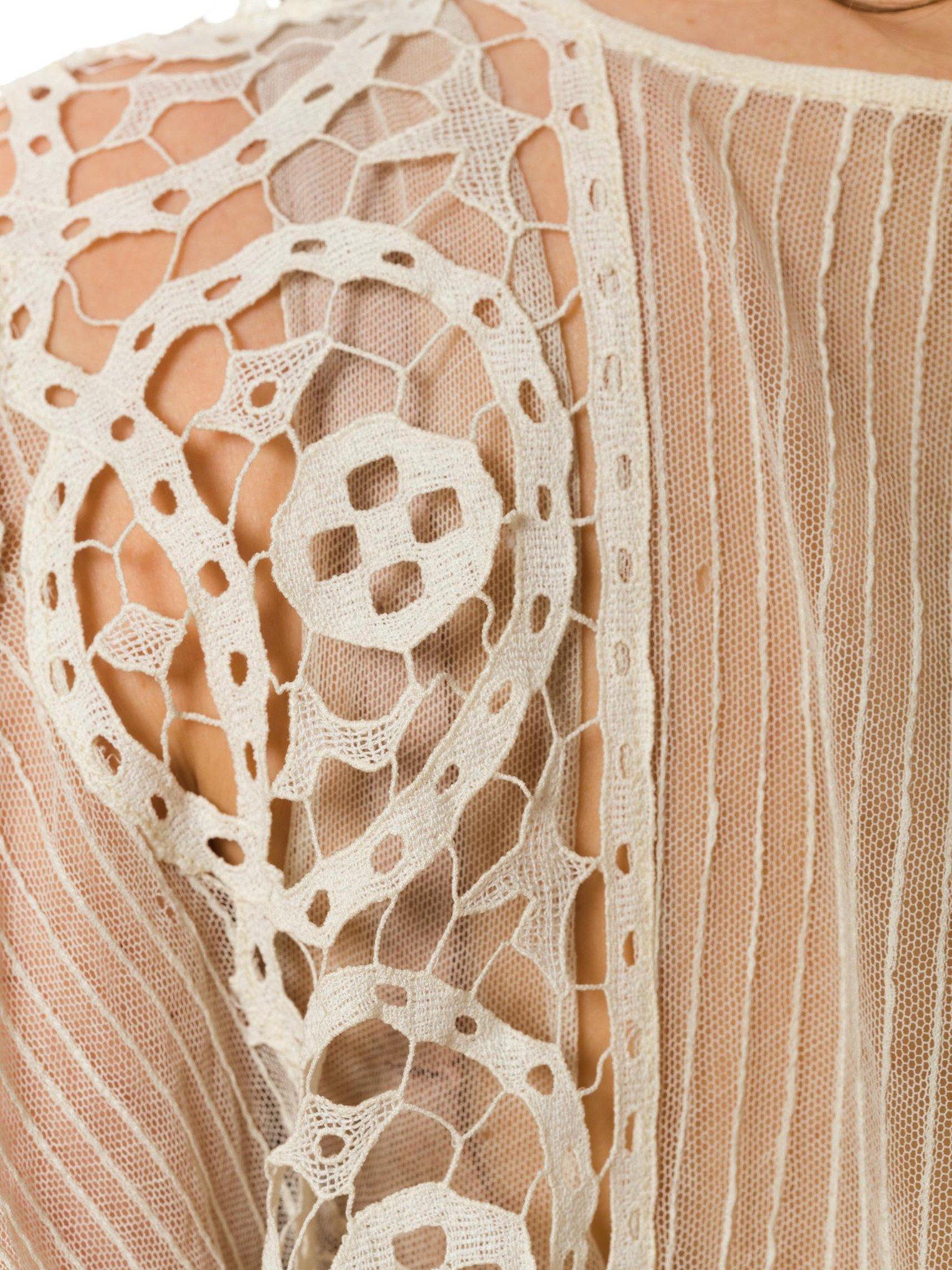 1920S Cream Cotton Net & Modernist Geometric Lace Dress For Sale 1