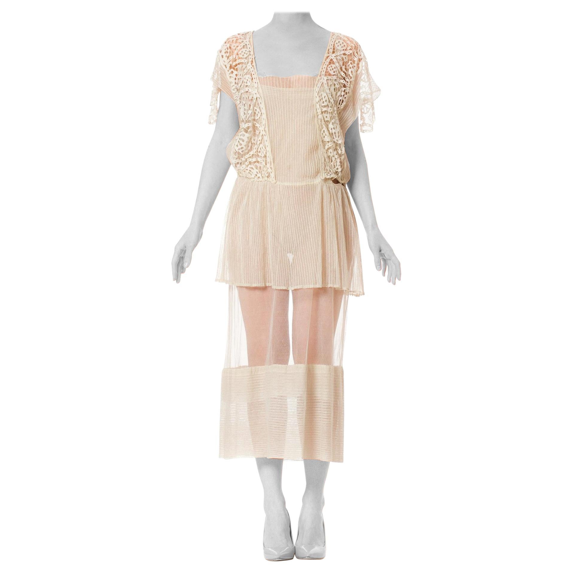 1920S Cream Cotton Net & Modernist Geometric Lace Dress For Sale