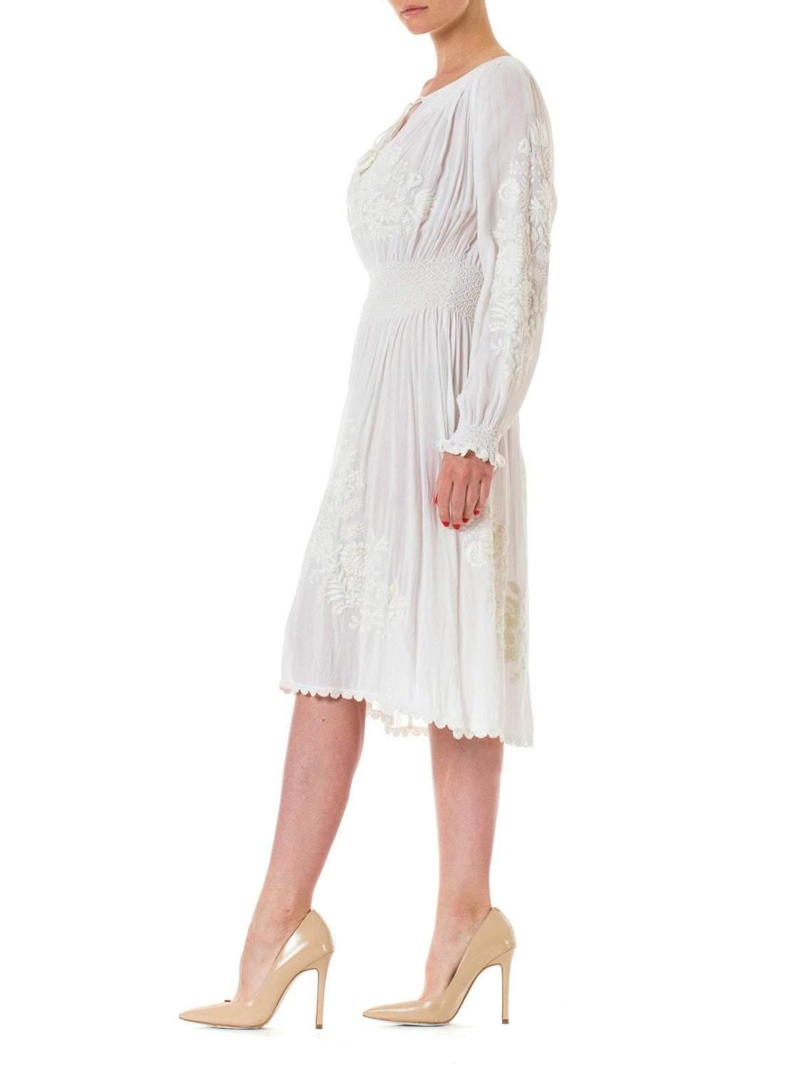1920S White Rayon Crepe Chiffon Hand Embroidered Long Sleeve Boho Peasant Bridal Dress