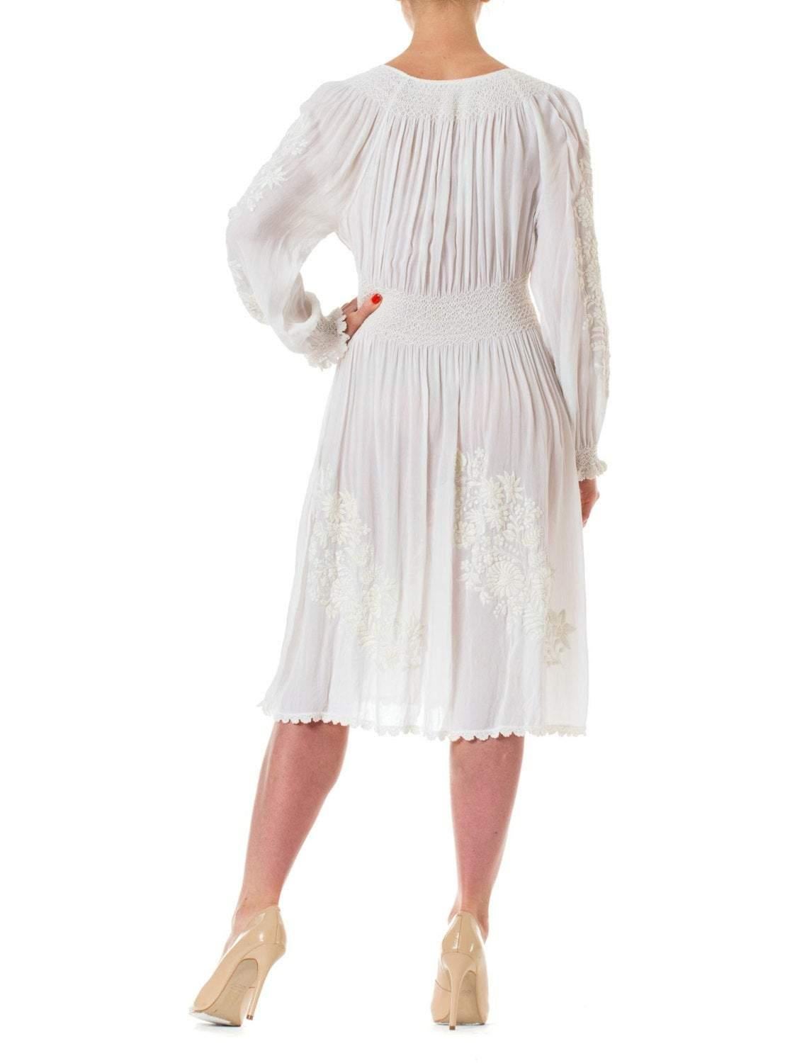 1920S White Rayon Crepe Chiffon Hand Embroidered Long Sleeve Boho Peasant Brida In Excellent Condition In New York, NY