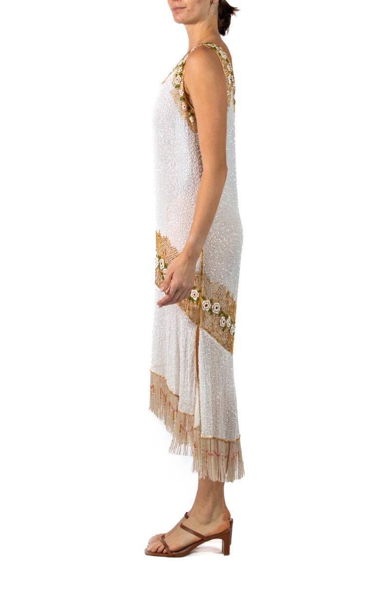 Women's 1920S White & Gold Cotton Beaded Flapper Cocktail Dress For Sale