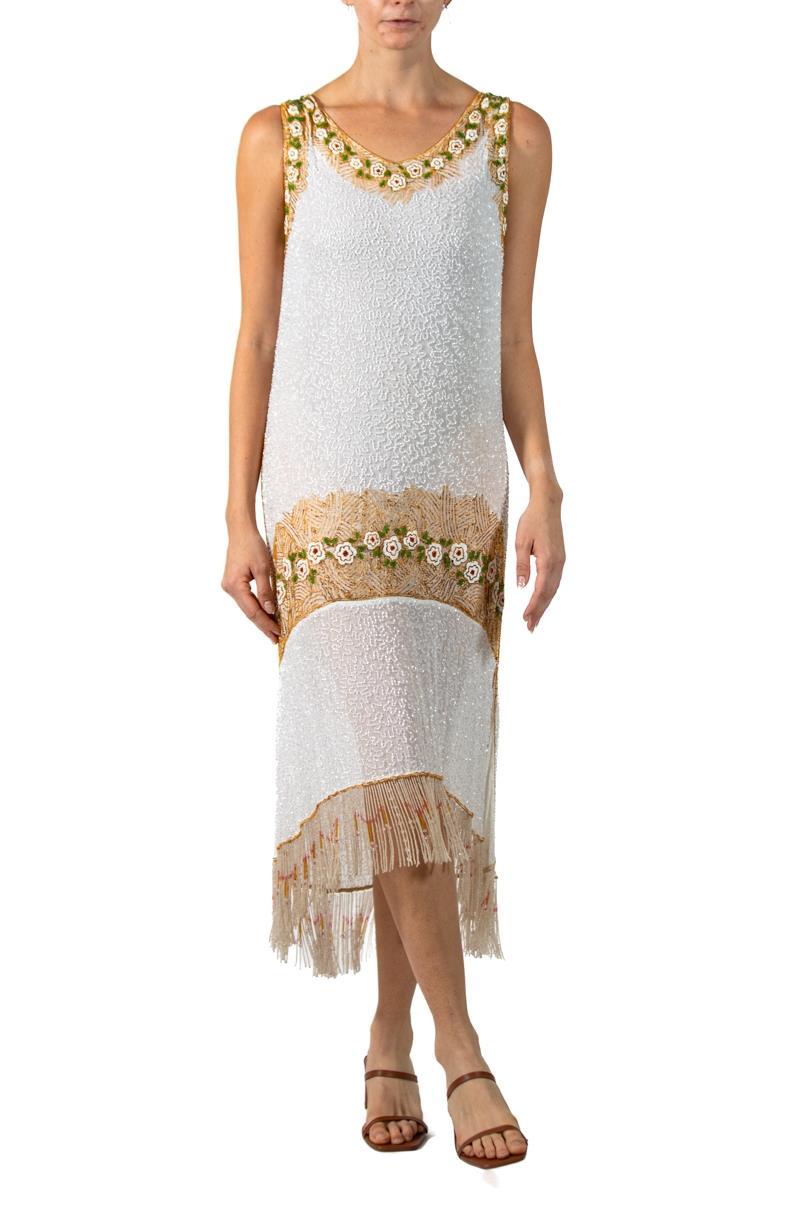 1920S White & Gold Cotton Beaded Flapper Cocktail Dress For Sale 2