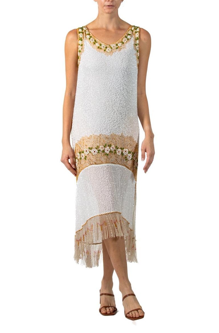 slim fit dress slacks Cream and Gold 1920s Beaded Flapper Dress-Cremieux