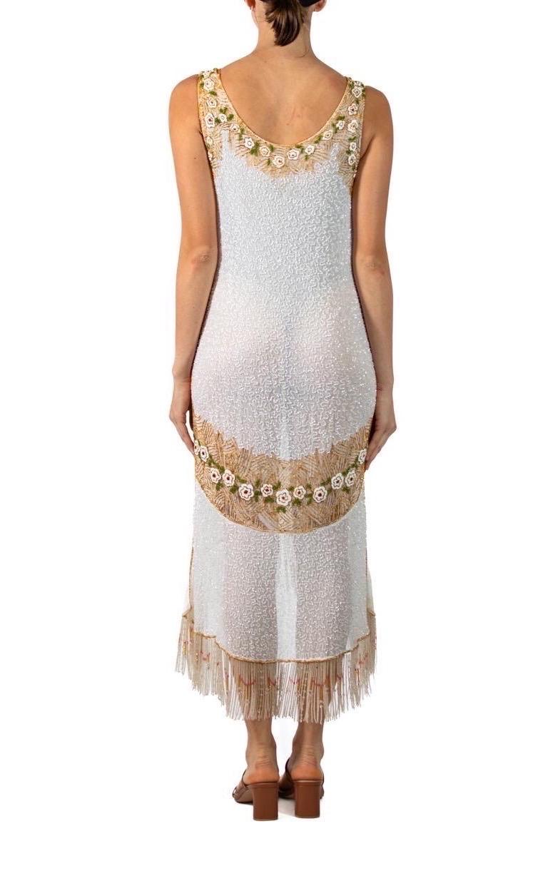 1920S White & Gold Cotton Beaded Flapper Cocktail Dress For Sale 3