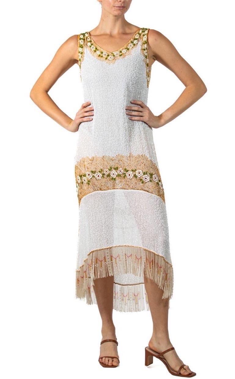 1920S White & Gold Cotton Beaded Flapper Cocktail Dress For Sale 4