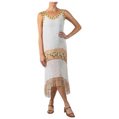 Abito da cocktail Flapper 1920S in cotone bianco e oro con perline