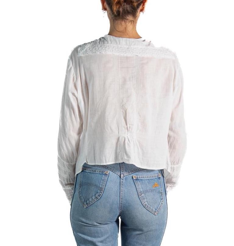 Women's 1920S White Hand Embroidered Organic Cotton Voile Top For Sale
