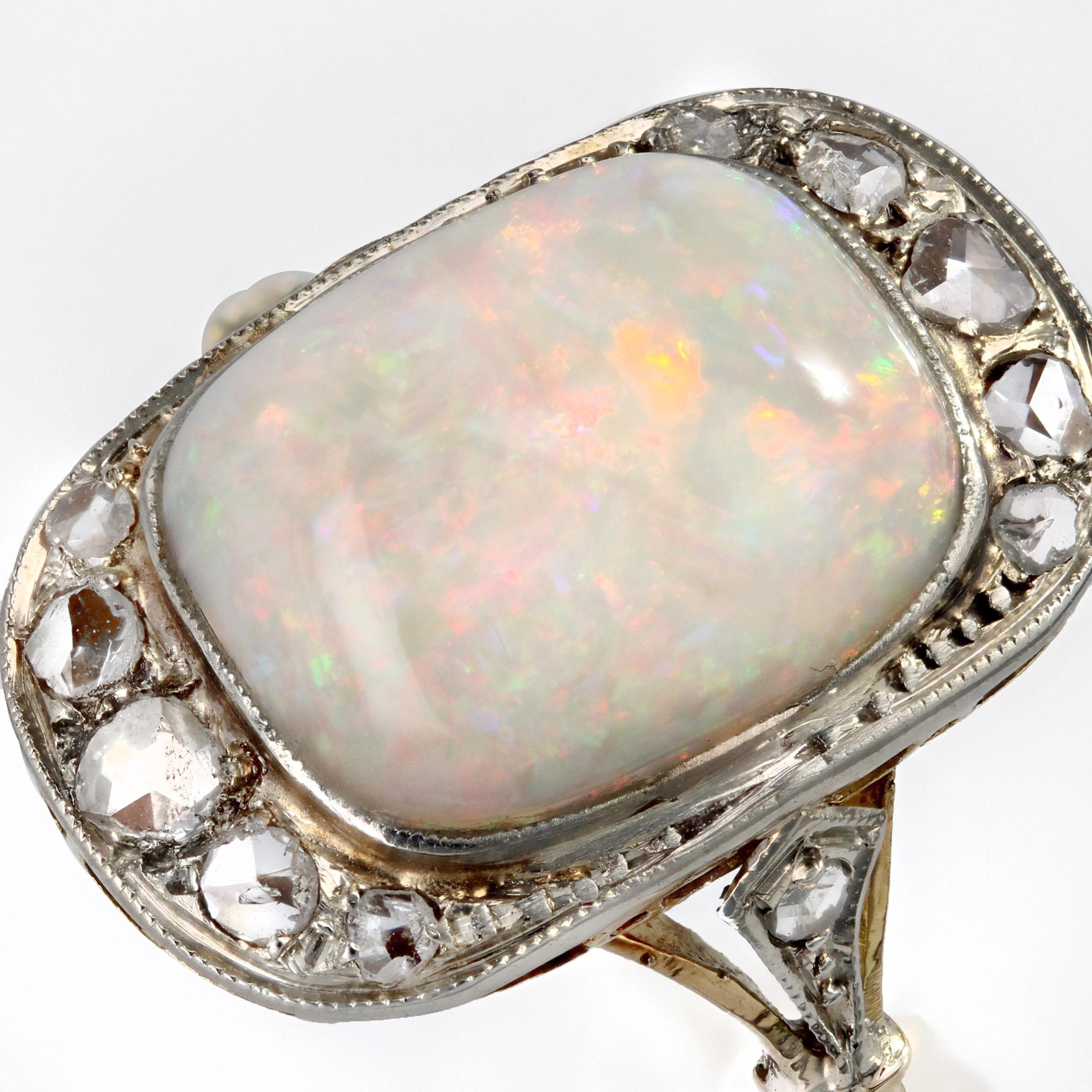 1920s White Opal Diamonds 18 Karat Yellow Gold Platinum Ring For Sale 5