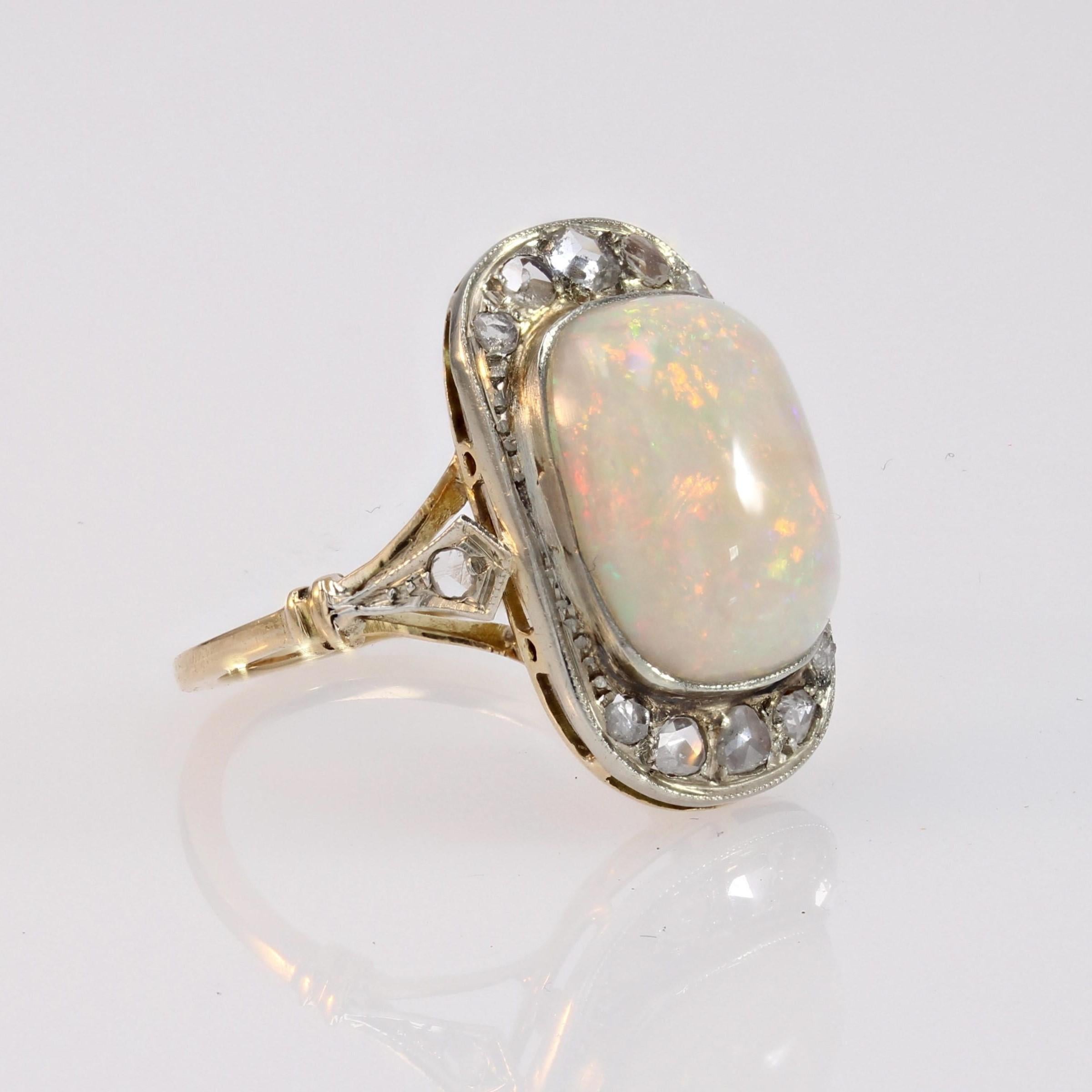 1920er Jahre Platinring mit weißem Opal und Diamanten aus 18 Karat Gelbgold im Angebot 7