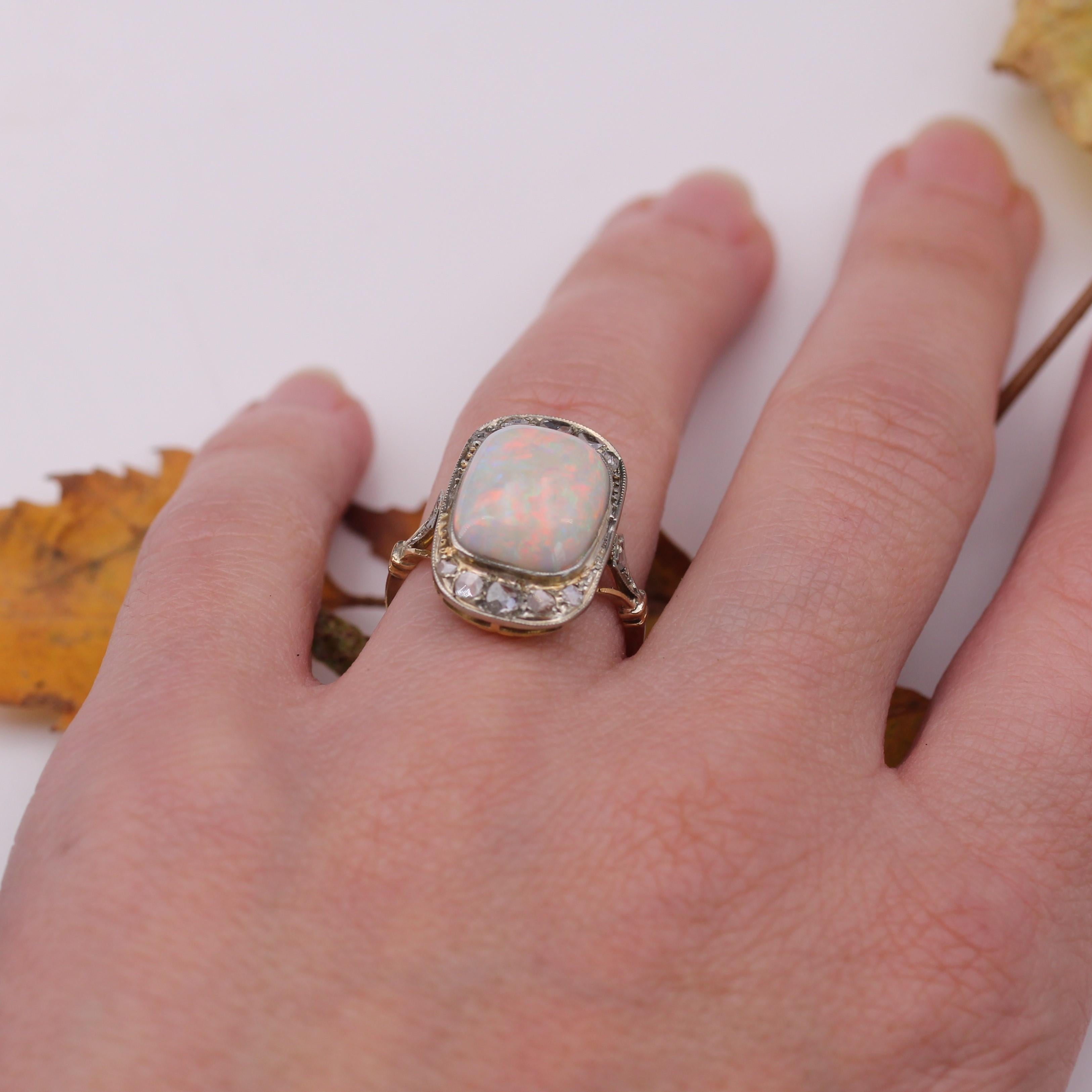 1920s White Opal Diamonds 18 Karat Yellow Gold Platinum Ring For Sale 9