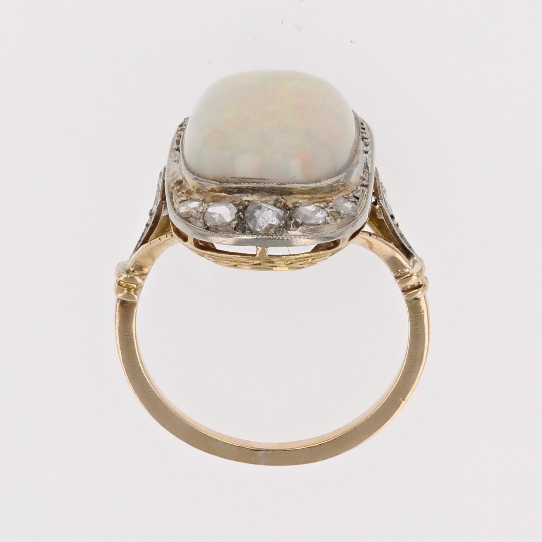 1920er Jahre Platinring mit weißem Opal und Diamanten aus 18 Karat Gelbgold im Angebot 12