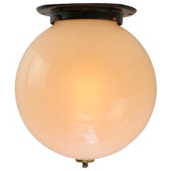 1920s White Opaline Art Deco Flush Mount Light Fixture, Metal Holder