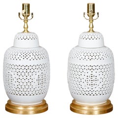 Antique 1920s White Porcelain Asian Vases with Geometric Décor Made into Table Lamps