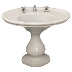 1920s White Trenton China Pedestal Sink Hourglass Style, Oval Bowl