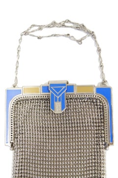 1920s Whiting and Davis Blue Enamel Art Deco Clasp Mesh Bag