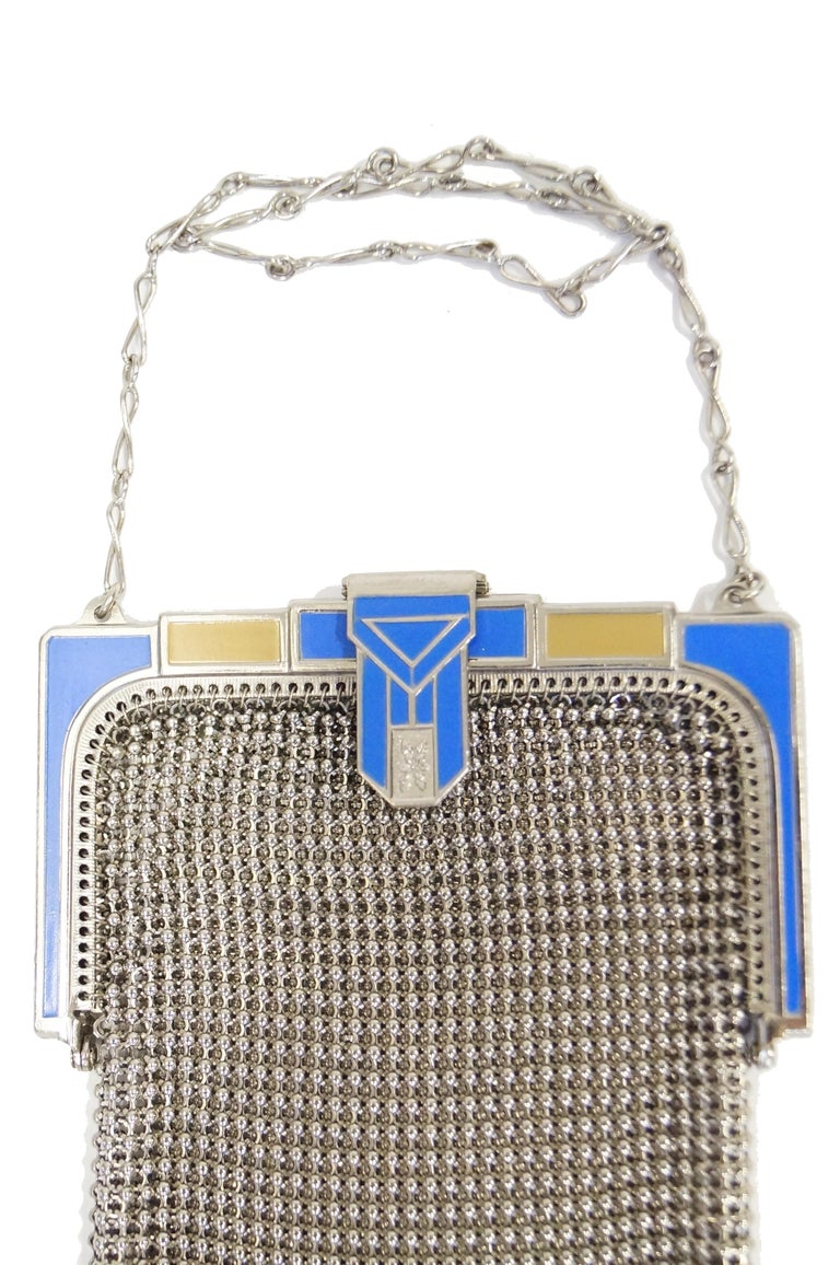 Vintage Whiting Davis Metal Mesh Evening Purse 1920s Flapper Handbag Excellent Condition Blue Jeweled Clasp