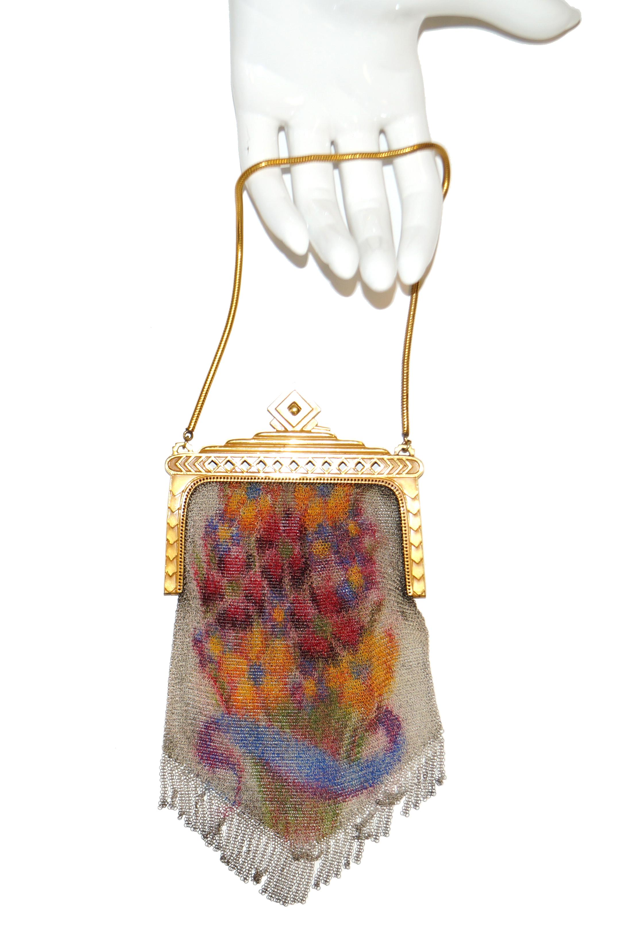 1920s Whiting & Davis Floral Enamel Dresden Mesh Evening Bag with Deco Clasp 2