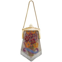 1920s Whiting & Davis Floral Enamel Dresden Mesh Evening Bag with Deco Clasp