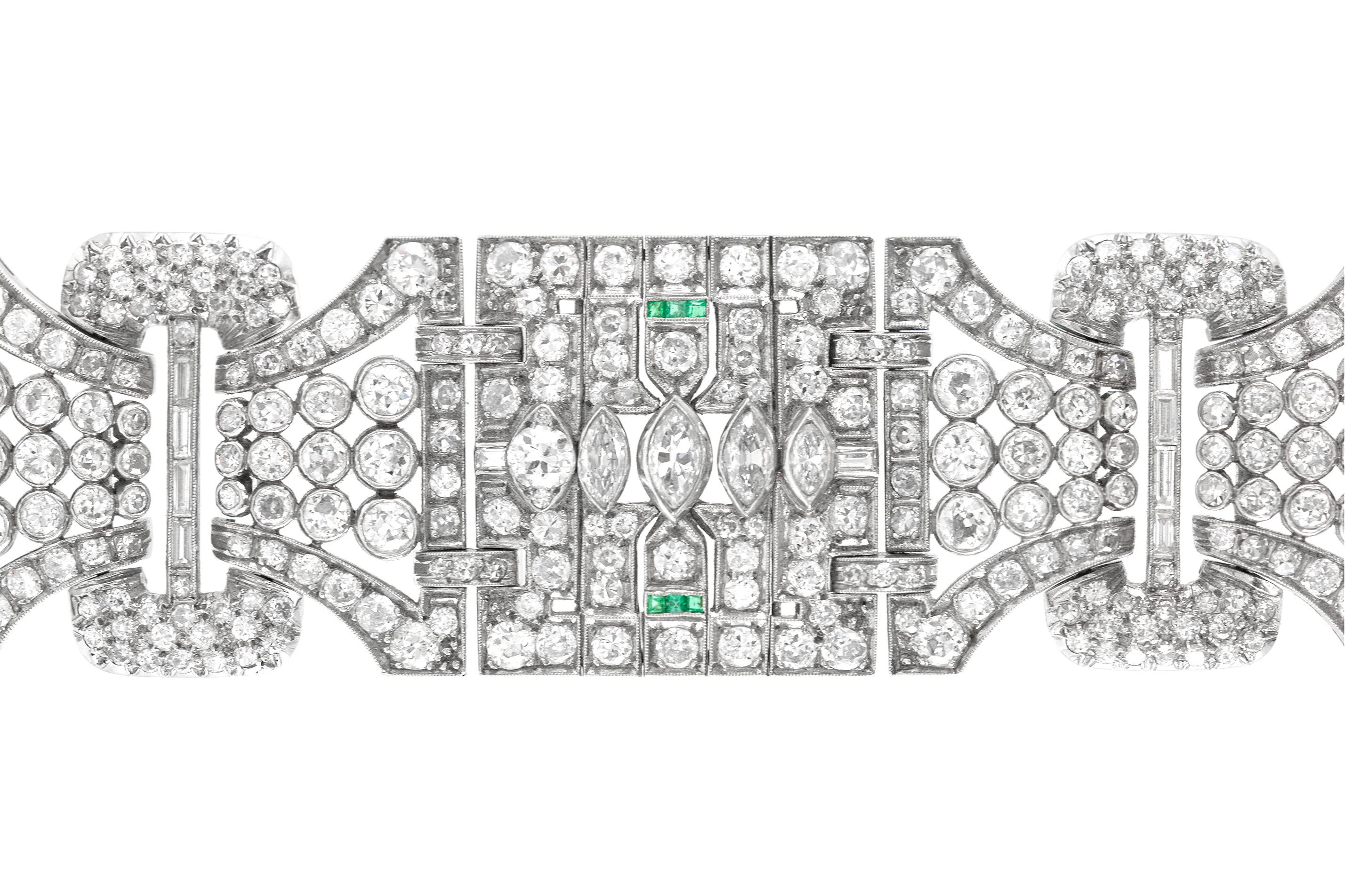 1920er Jahre breites Armband mit Diamant und Smaragd (Smaragdschliff)