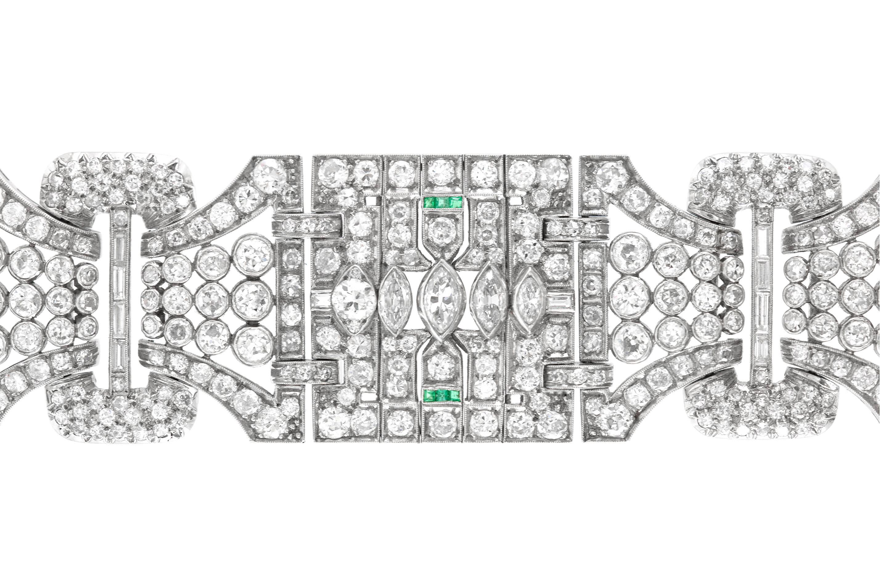 Emerald Cut 1920s Wide Bracelet with Diamond and Emerald For Sale