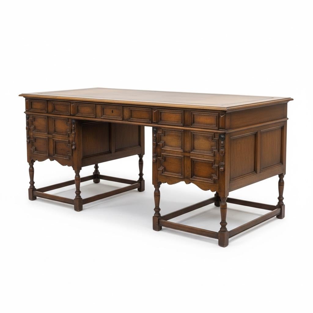 This is an incredible piece! It is a heavily carved walnut William and Mary style desk by R.G. Kittinger. This was crafted during the 1920s, the Golden Age of American furniture. It is in very good condition and marked in one of the dovetail