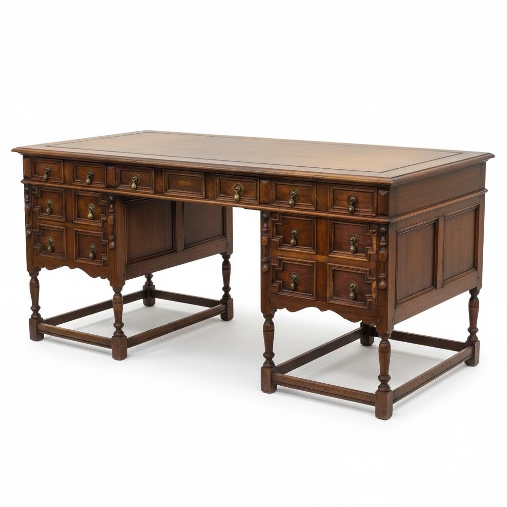 Laiton 1920s William And Mary Style Carved Walnut Executive Desk By R.G. Kittinger en vente