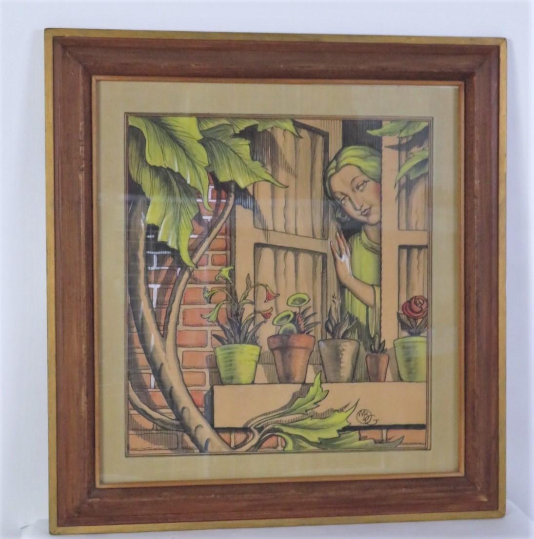 Dramatic and lovely watercolor happy depiction of a period 1920s lady at an open window looking out at the follage and potted plants. Realized by William Bradford Green, a noted American artist (1871-1945), it is a realistic portrayal in pen and