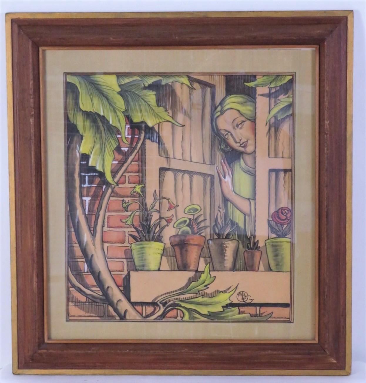 Art Deco 1920s William Bradford Green Watercolor with Heydendryk Frame