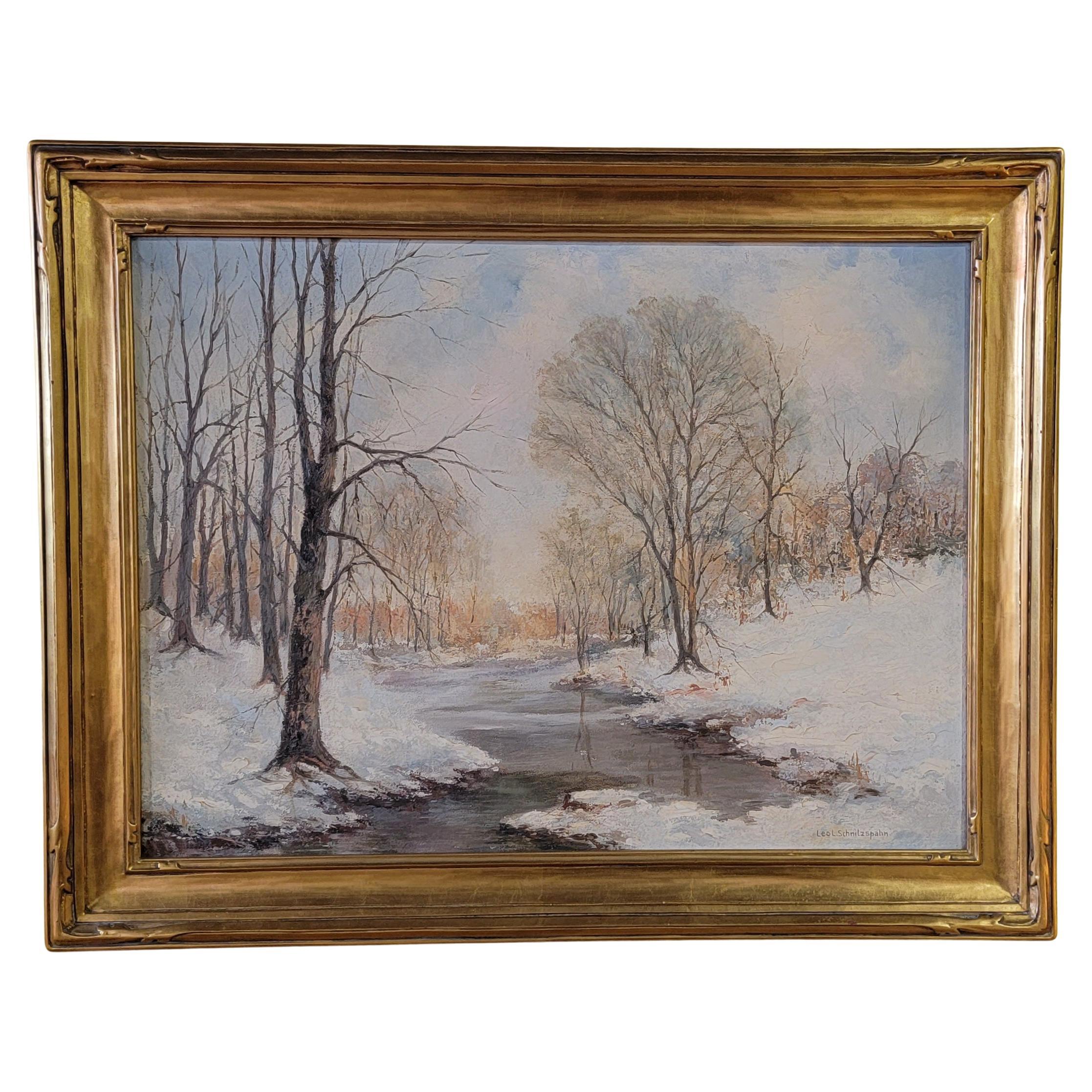 1920's Winter Scene Oil Painting by Leo L. Schnitzspahn New York