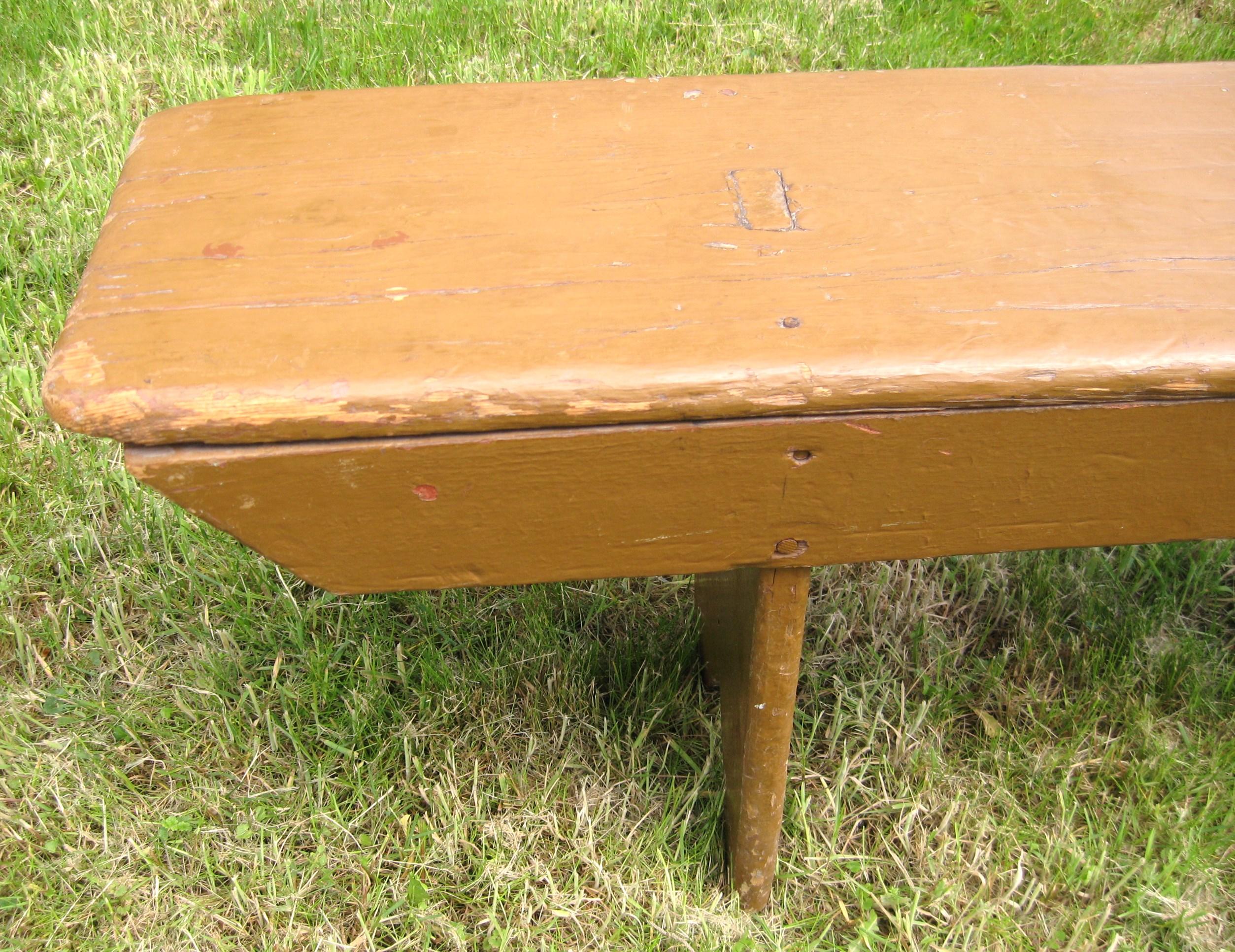 Primitive 1920s Wonderful Pine Bench Golden Putty Color over Old Red Wash For Sale