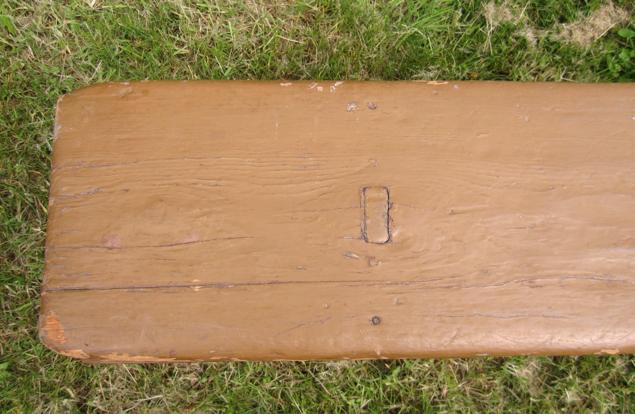 American 1920s Wonderful Pine Bench Golden Putty Color over Old Red Wash For Sale