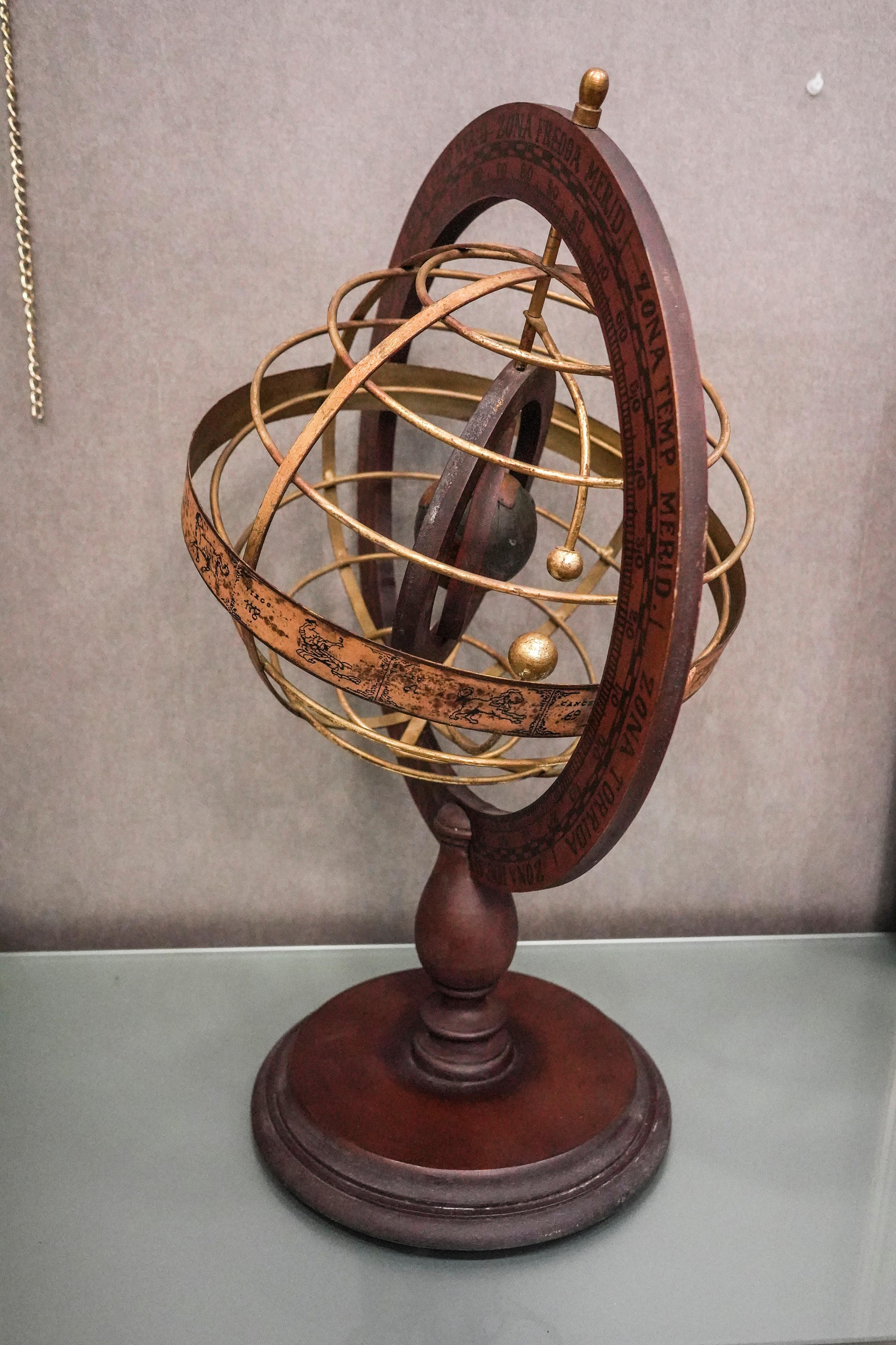 Mid-20th Century 1920s Wood and Brass Armillary Sphere with Double Rotating Globe