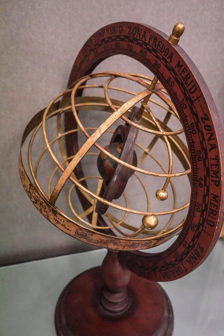 1920s Wood and Brass Armillary Sphere with Double Rotating Globe at