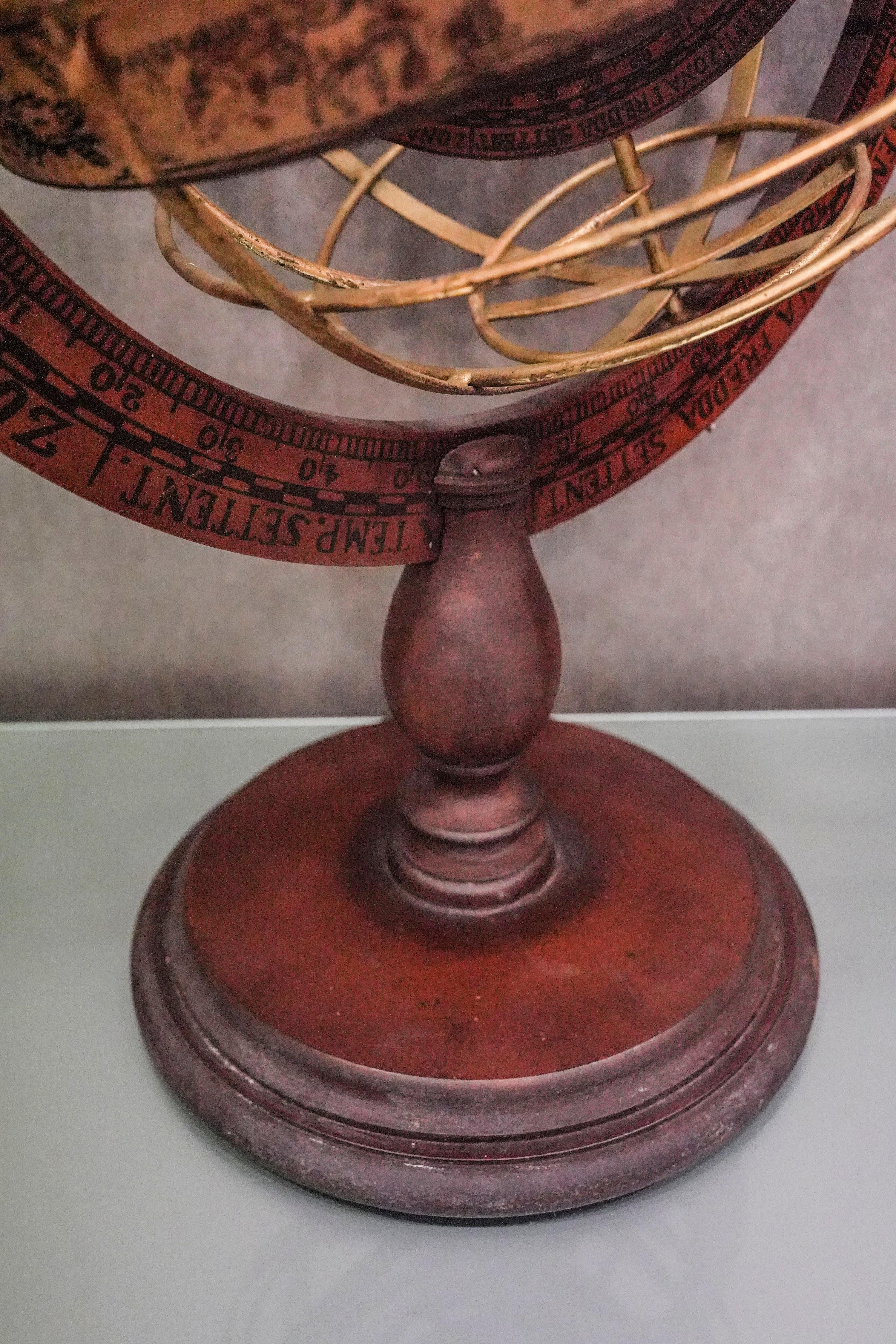 Art Deco 1920s Wood and Brass Armillary Sphere with Double Rotating Globe