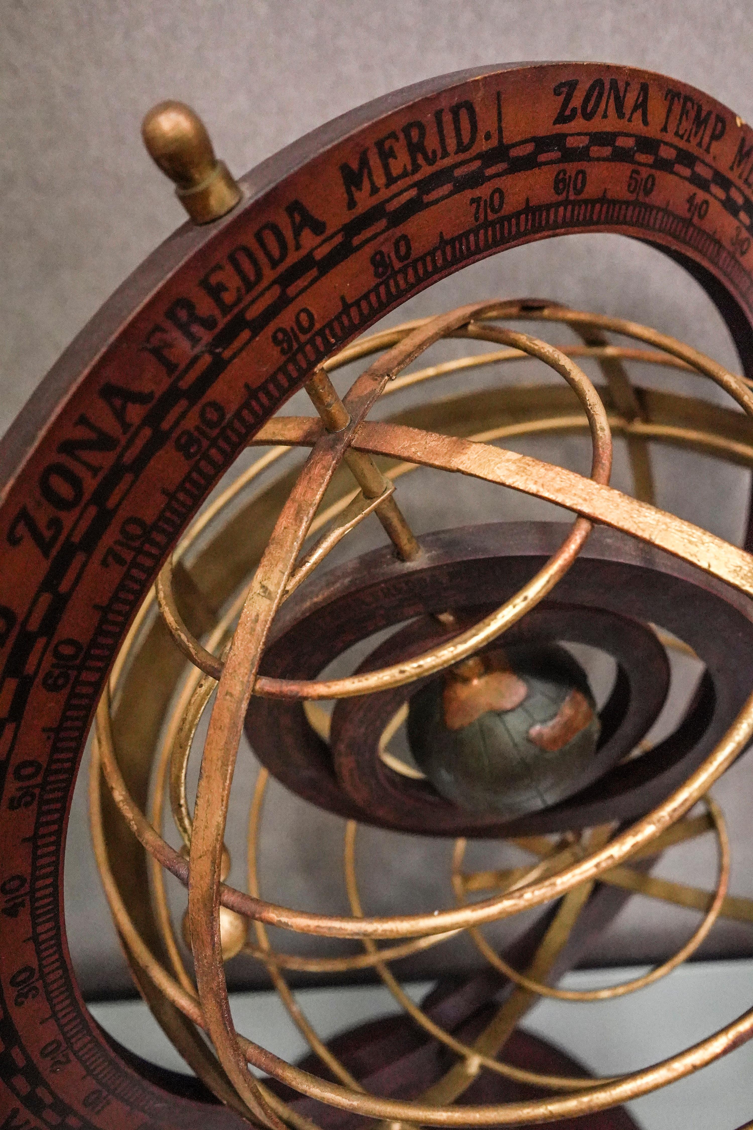 English 1920s Wood and Brass Armillary Sphere with Double Rotating Globe