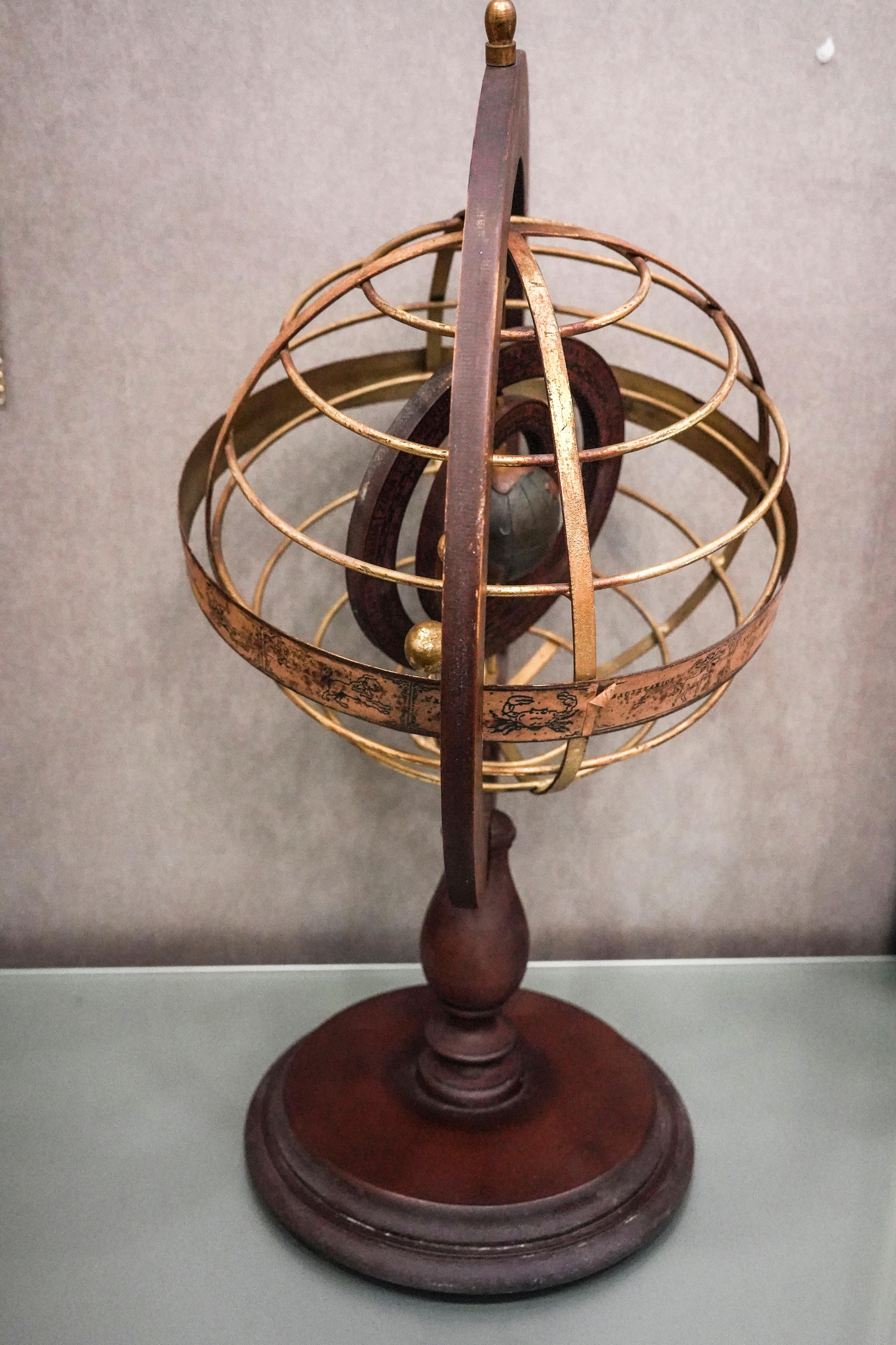 Carved 1920s Wood and Brass Armillary Sphere with Double Rotating Globe