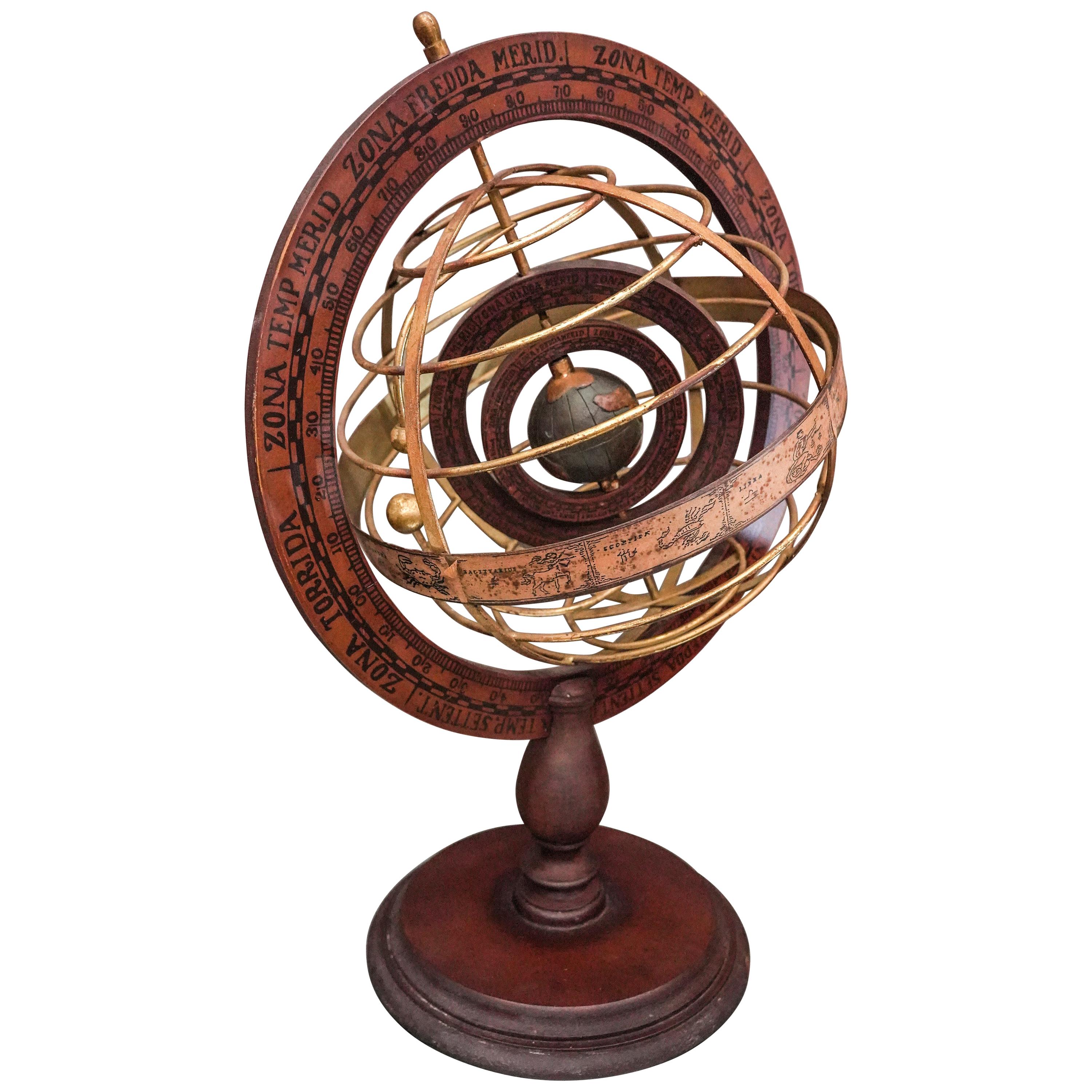 Antique Astrolabe Brass Sphere Armillary Collectible Nautical Decor /Wooden Base 