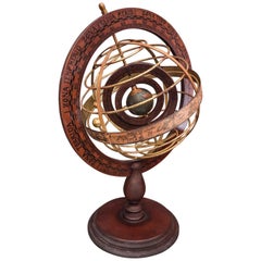 1920s Wood and Brass Armillary Sphere with Double Rotating Globe