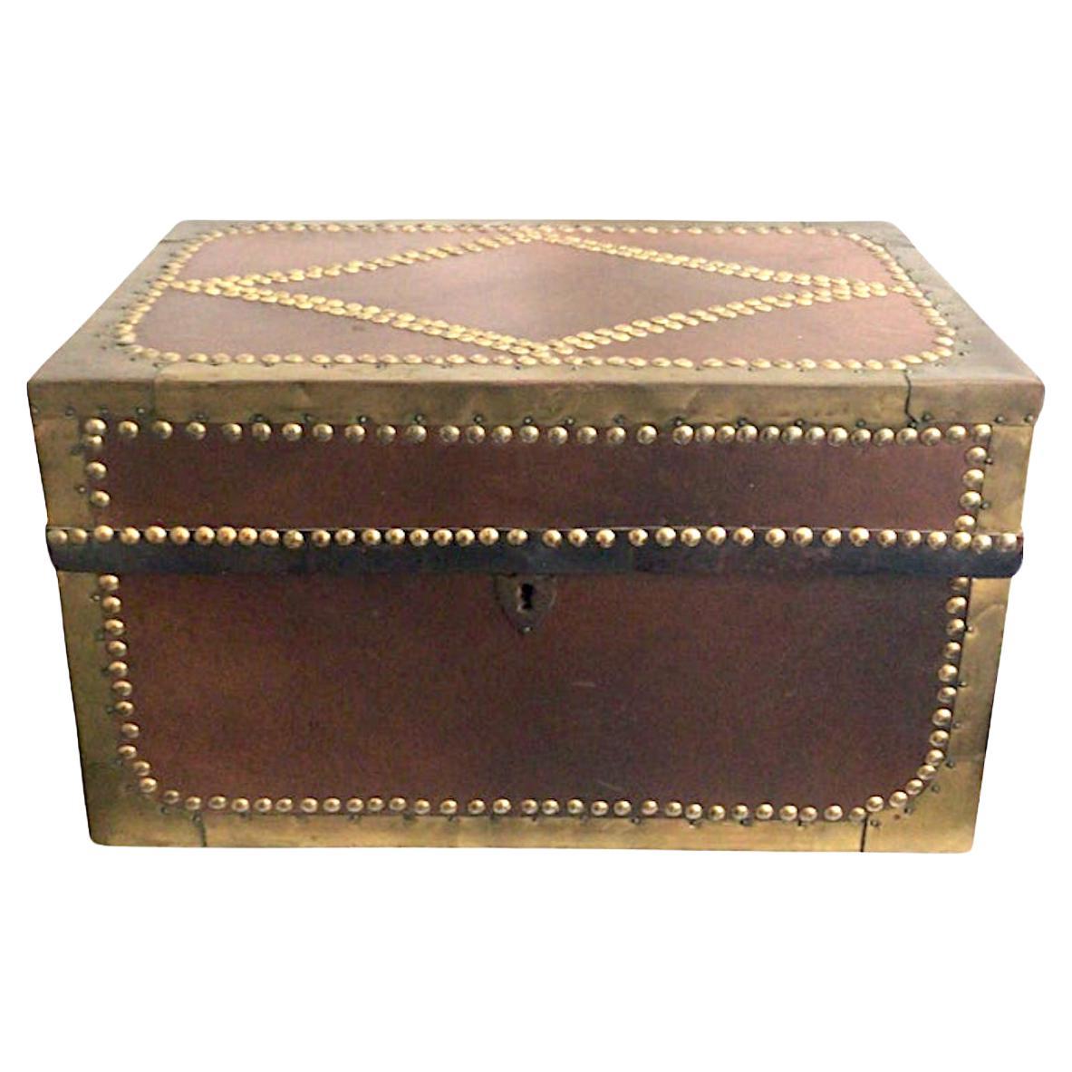 1920s Wood and Leather Small Trunk With Brass Studs