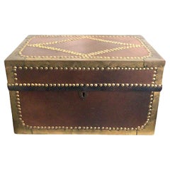 Antique 1920s Wood and Leather Small Trunk With Brass Studs